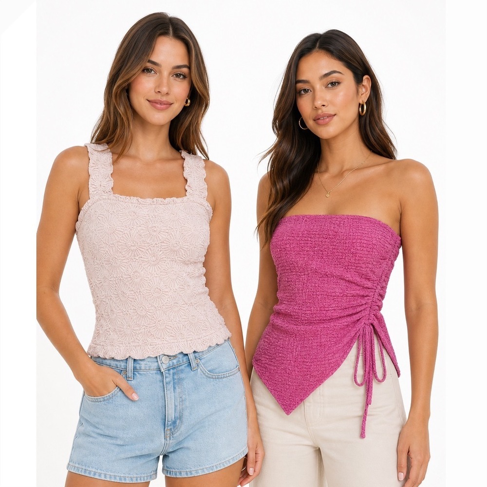 Unbranded Womens Pink Textured Tops 2 Piece Bundle, Small Y2K Boho